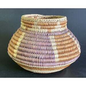 Handmade Woven Grass Basket Vase Shape Lavender & Brown 5" Tall